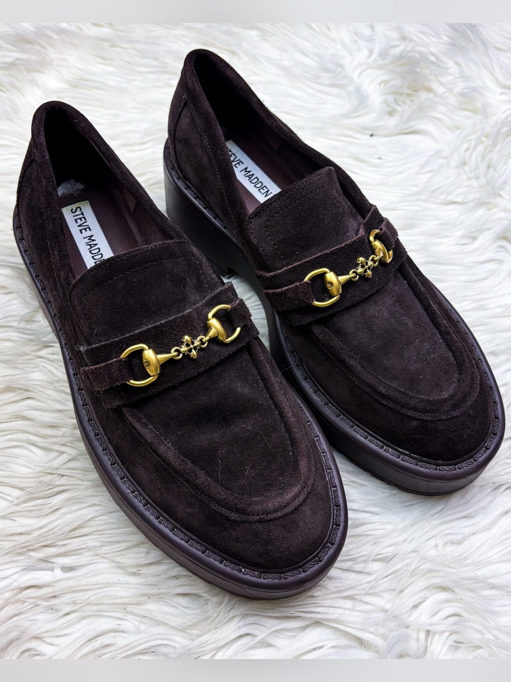 Steve Madden Mykah Horsebit Brown Suede Leather Platform Lug Sole Loafer Gold 9